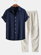 Men's Casual Plain Shirt And Trousers Set | Button Front Drawstring Holiday Wear