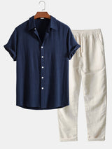 Men's Casual Plain Shirt And Trousers Set | Button Front Drawstring Holiday Wear