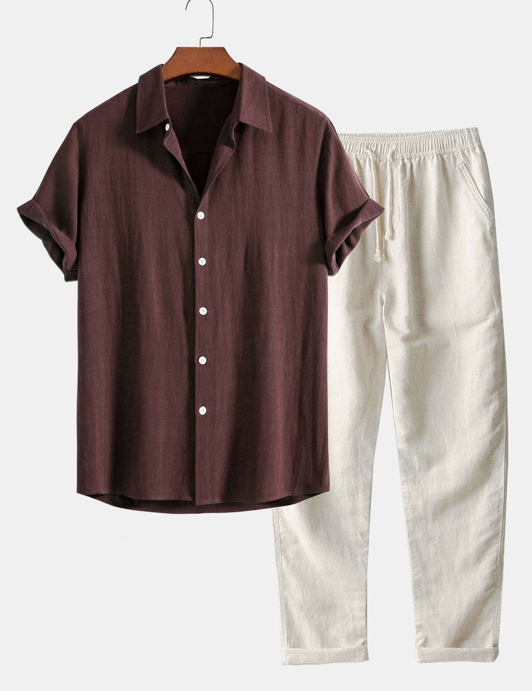 Men's Casual Plain Shirt And Trousers Set | Button Front Drawstring Holiday Wear