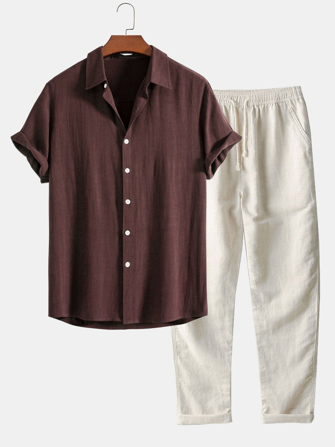 Men's Casual Plain Shirt And Trousers Set | Button Front Drawstring Holiday Wear