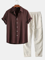 Men's Casual Plain Shirt And Trousers Set | Button Front Drawstring Holiday Wear