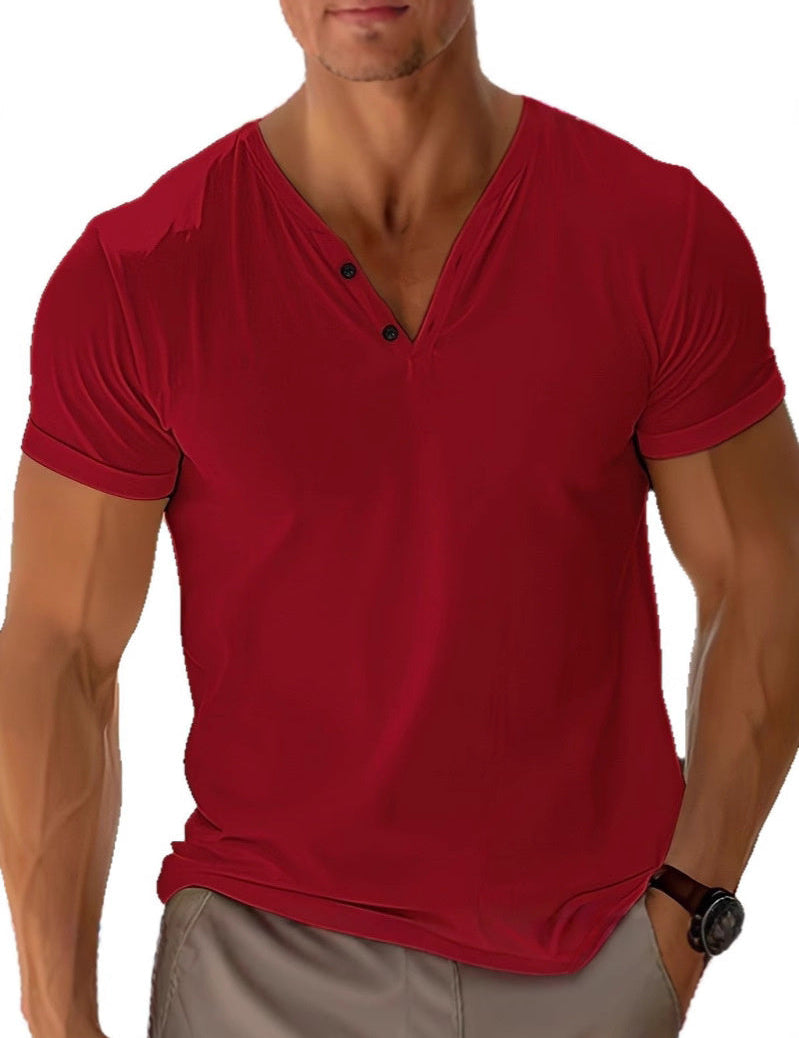 Men's Casual Plain T Shirt | Button Neck Short Sleeve Everyday Wear