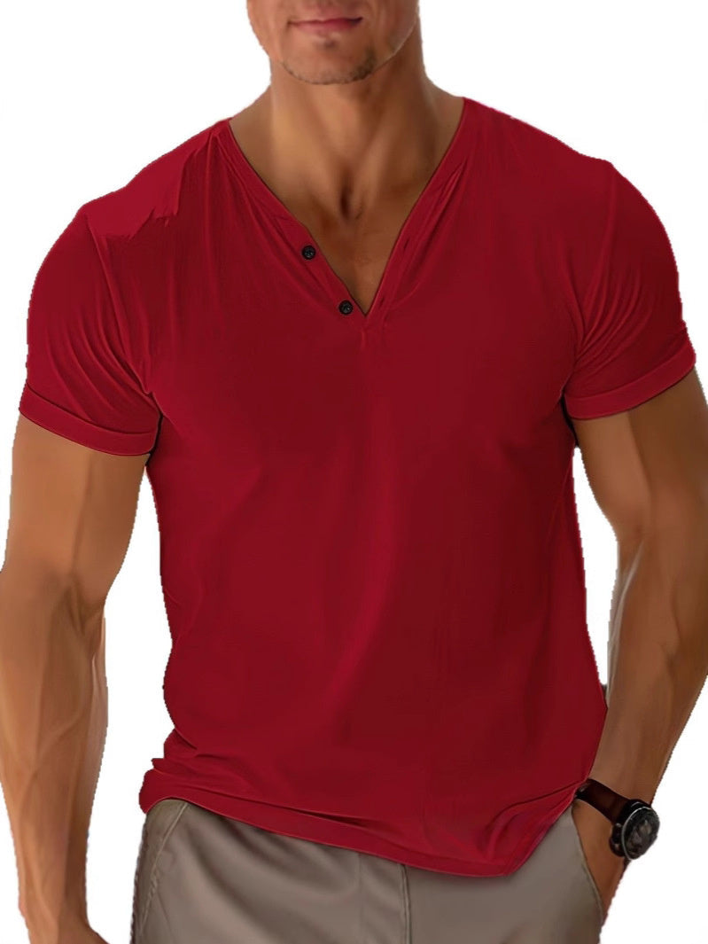 Men's Casual Plain T Shirt | Button Neck Short Sleeve Everyday Wear