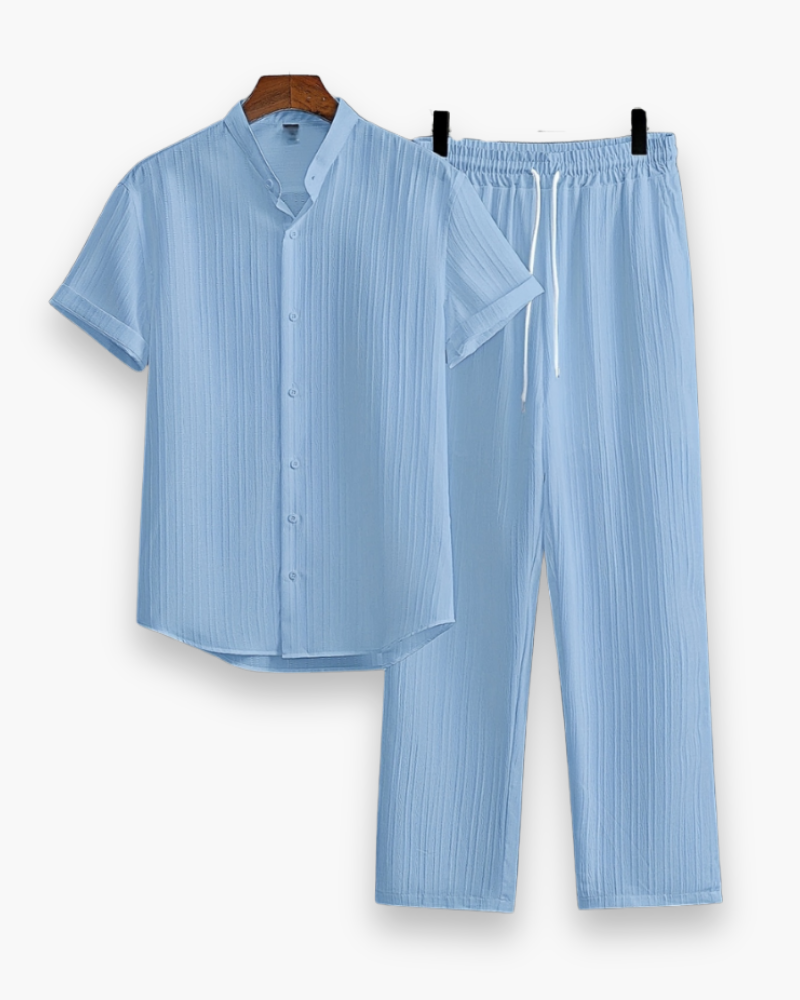 Men's Casual Striped Shirt And Trousers Set | Button Front Drawstring Holiday Wear