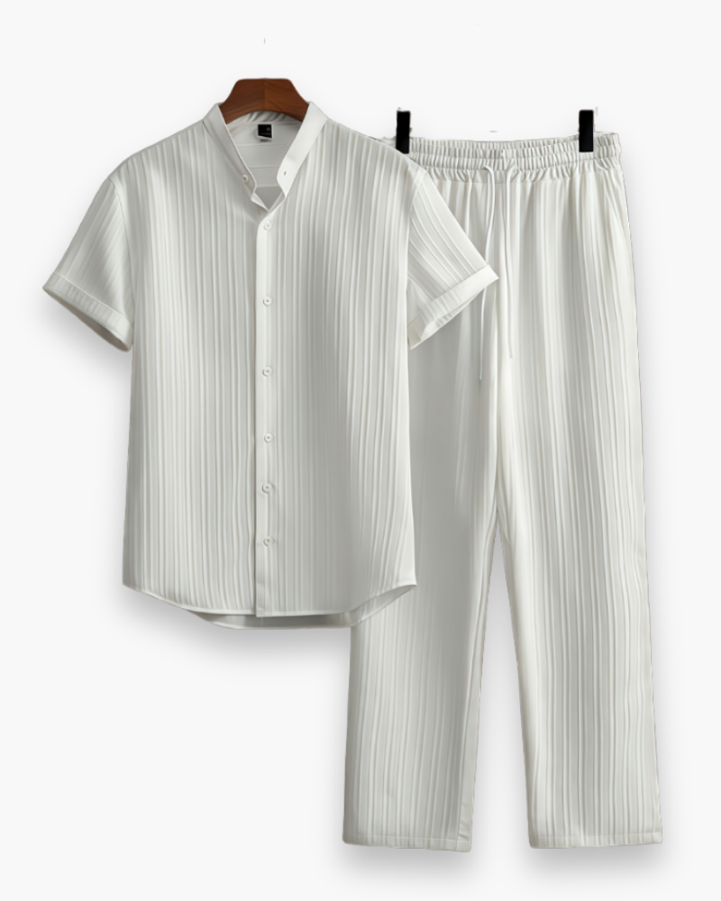 Men's Casual Striped Shirt And Trousers Set | Button Front Drawstring Holiday Wear