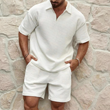 Men's Casual Textured Shirt And Shorts Set | Zip Neck Matching Set Holiday Wear
