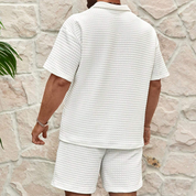 Men's Casual Textured Shirt And Shorts Set | Zip Neck Matching Set Holiday Wear