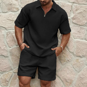 Men's Casual Textured Shirt And Shorts Set | Zip Neck Matching Set Holiday Wear