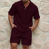 Men's Casual Textured Shirt And Shorts Set | Zip Neck Matching Set Holiday Wear