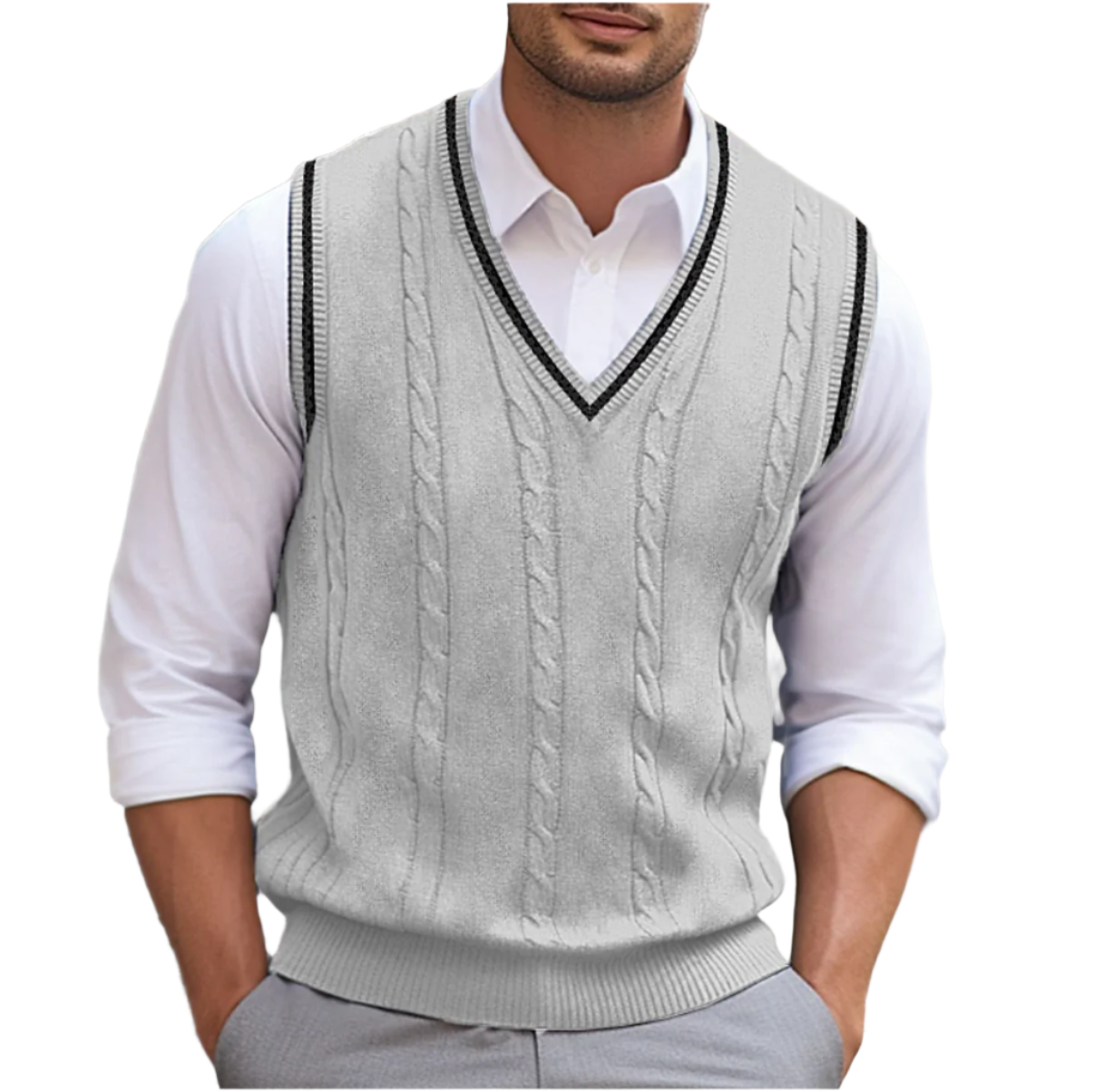 Men Cable Knit Sweater Vest | V Neck Sleeveless Knitwear-Men Vest-Homefinn