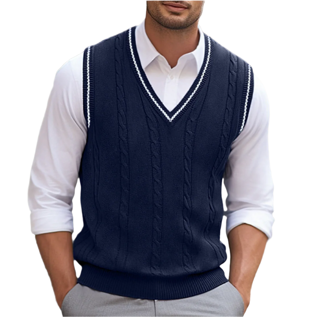 Men Cable Knit Sweater Vest | V Neck Sleeveless Knitwear-Men Vest-Homefinn