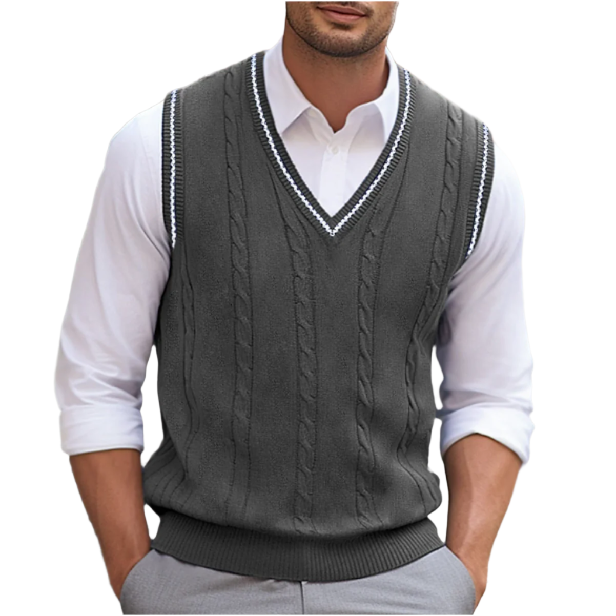 Men Cable Knit Sweater Vest | V Neck Sleeveless Knitwear-Men Vest-Homefinn