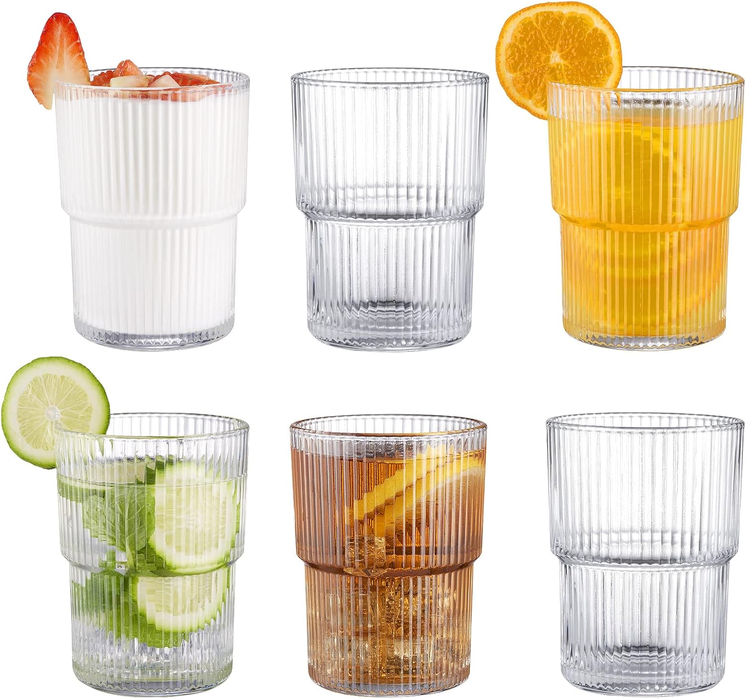 Ribbed Drinking Glass Set | Stackable Cylindrical Tumblers Beverage Service-Glassses-Homefinn