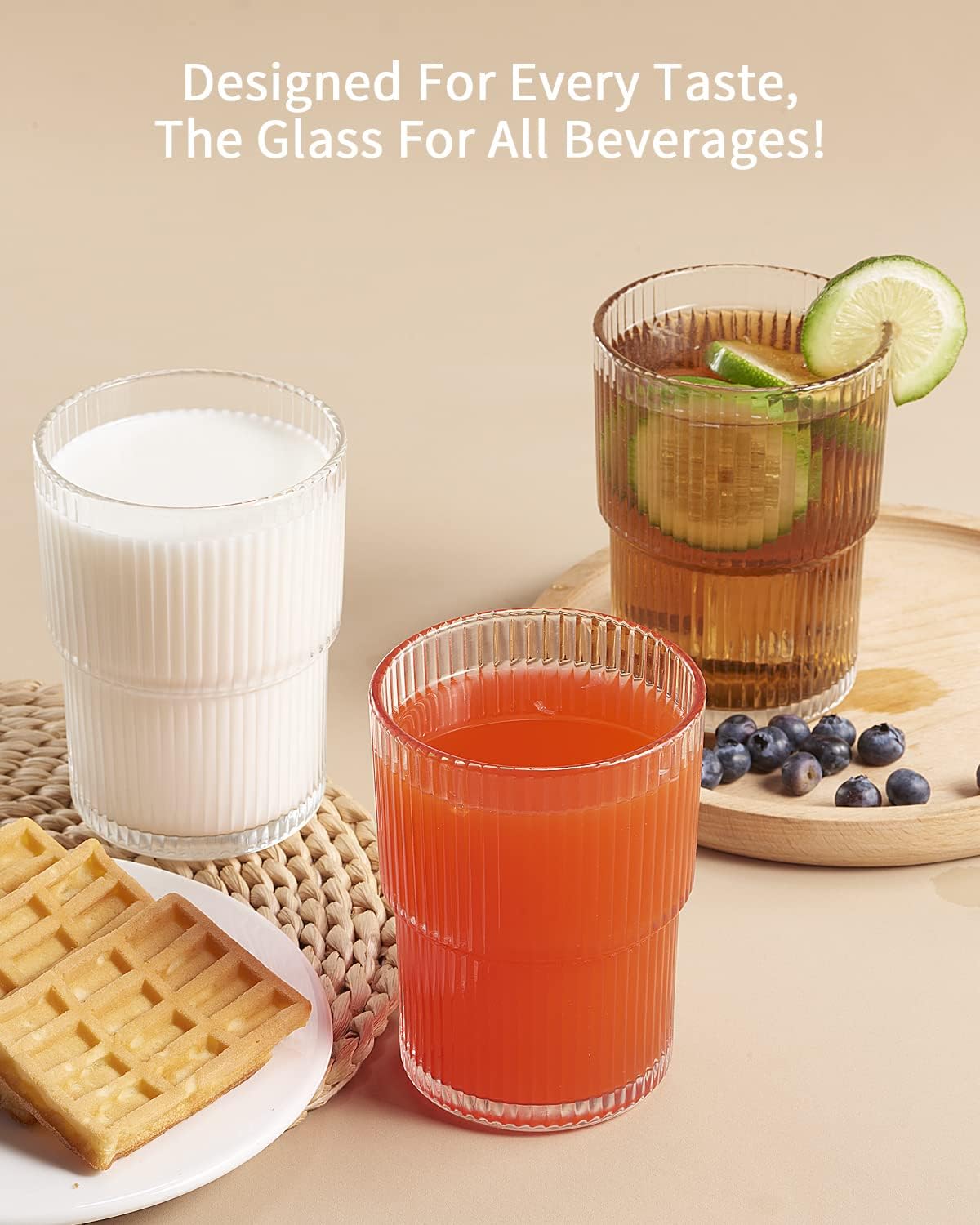 Ribbed Drinking Glass Set | Stackable Cylindrical Tumblers Beverage Service-Glassses-Homefinn