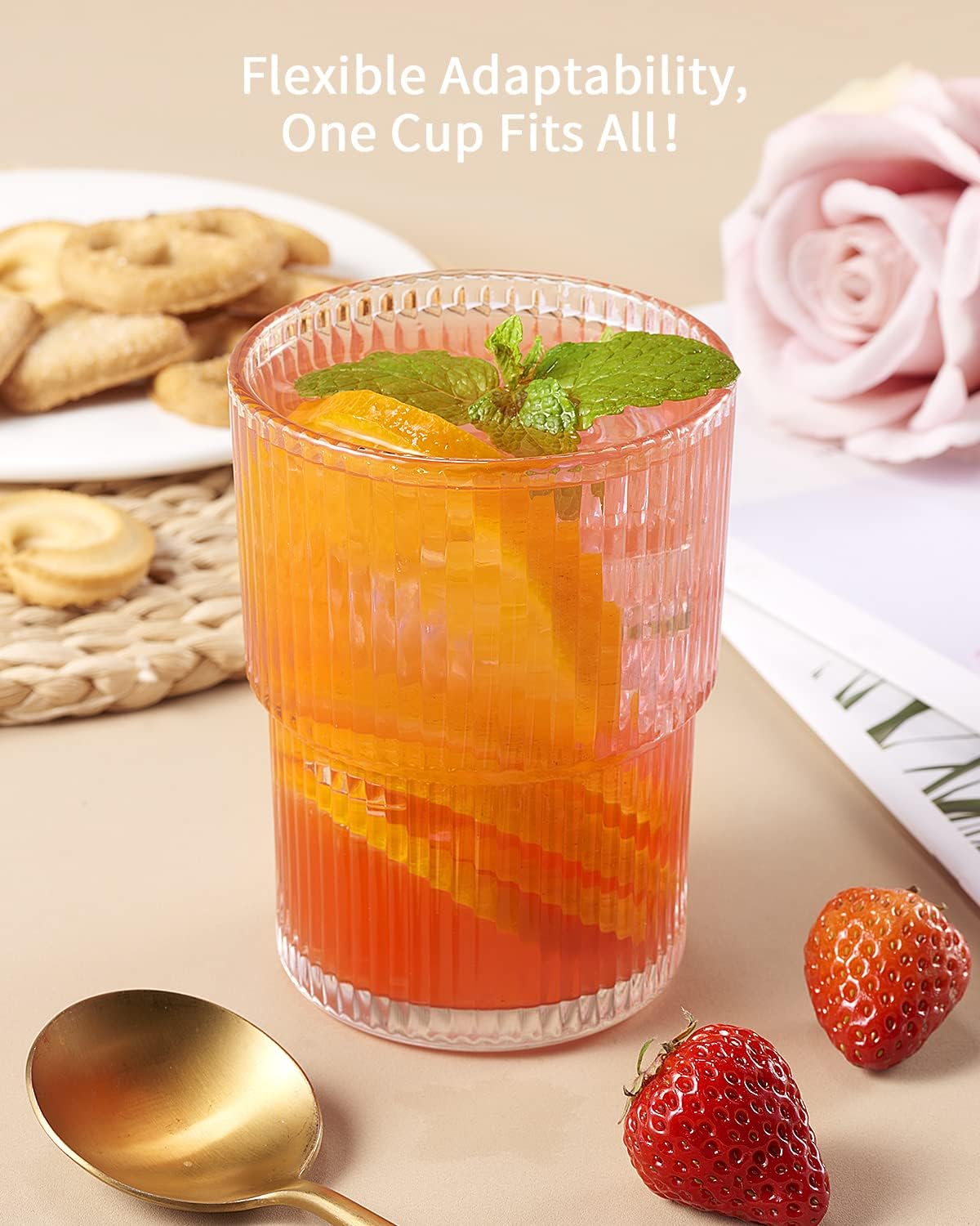 Ribbed Drinking Glass Set | Stackable Cylindrical Tumblers Beverage Service-Glassses-Homefinn
