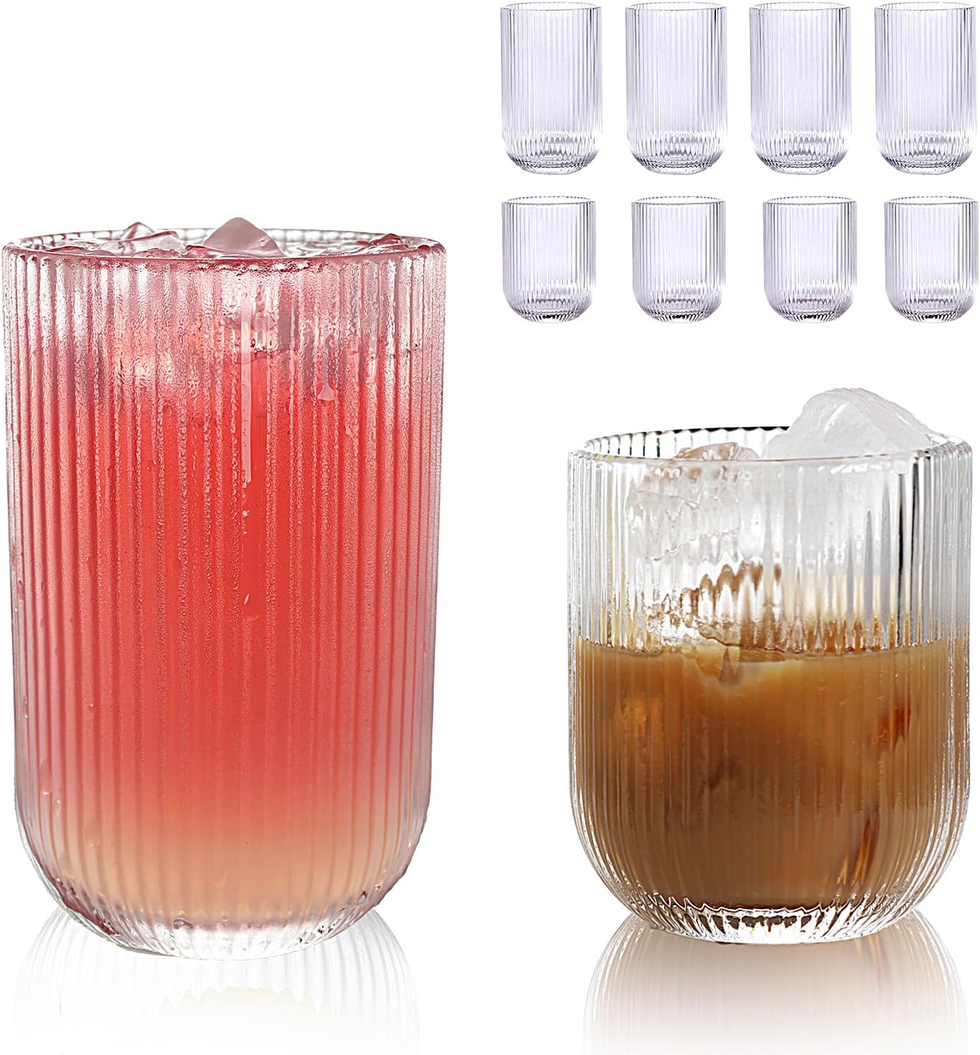 Ribbed Drinking Tumbler Glass Set | Cylindrical Shape Vertical Texture Beverage Service-Glassses-Homefinn
