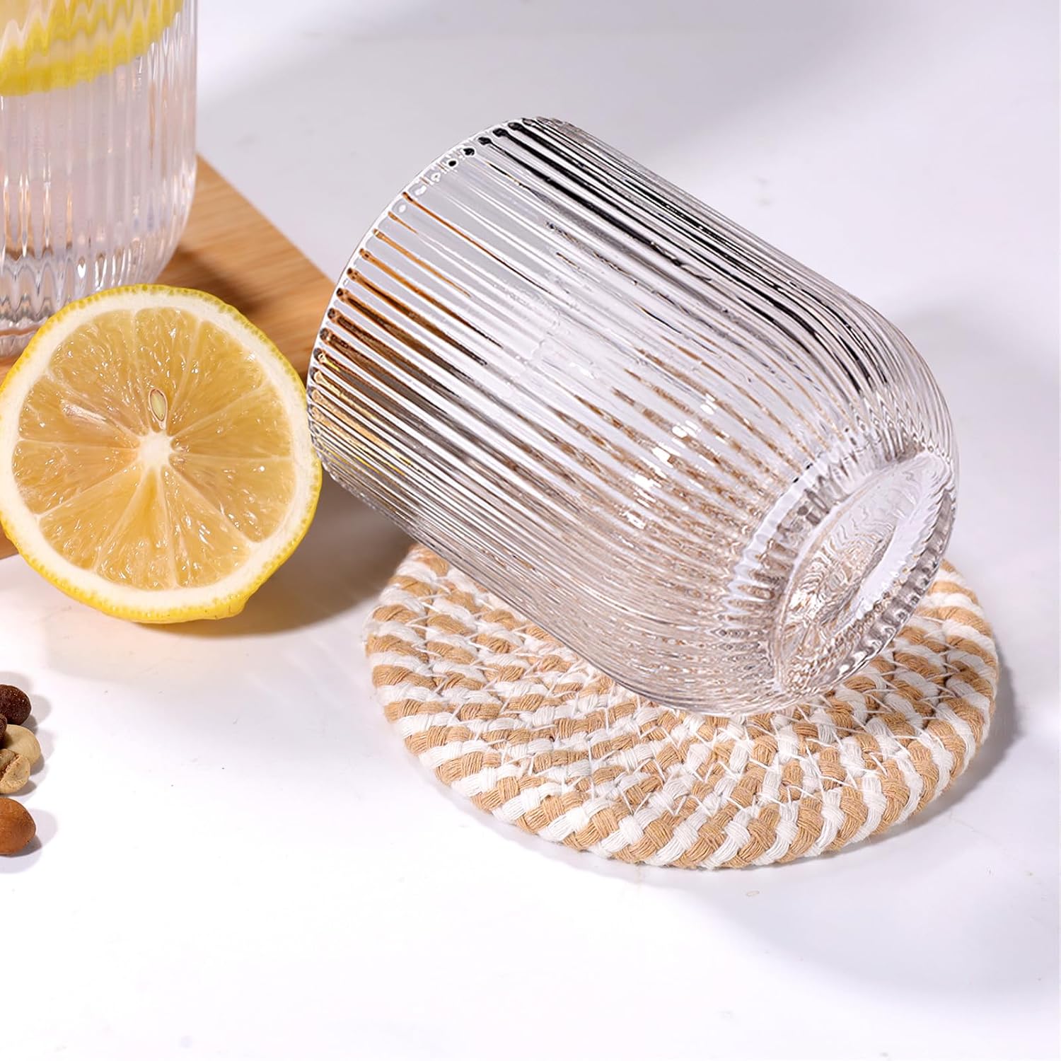 Ribbed Drinking Tumbler Glass Set | Cylindrical Shape Vertical Texture Beverage Service-Glassses-Homefinn