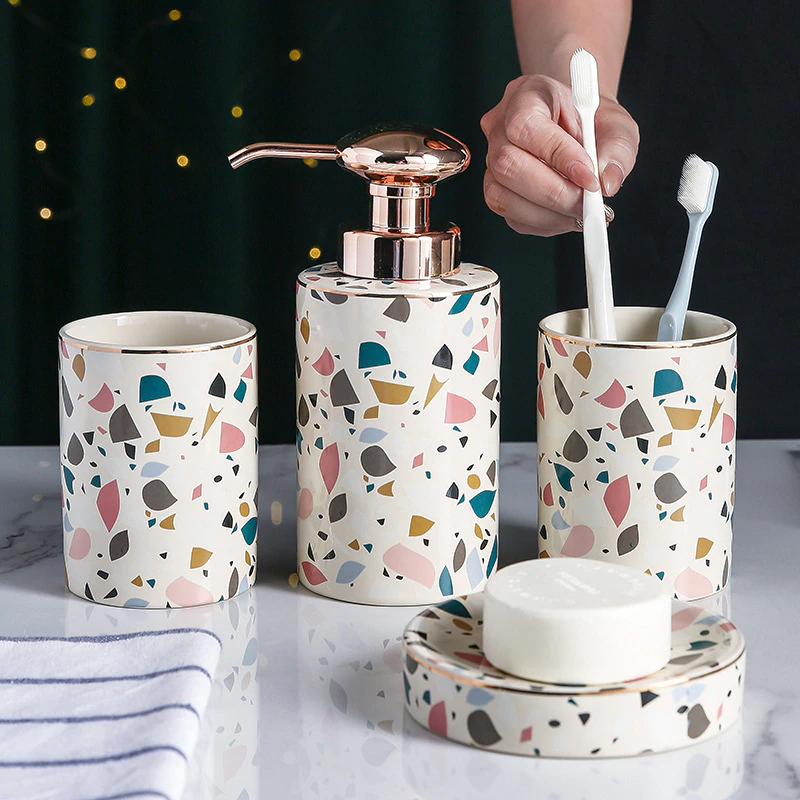 Terrazzo Pattern Bathroom Accessory Set | Matching Dispenser Tumbler Countertop Use-Bathroom Accessory Set-Homefinn