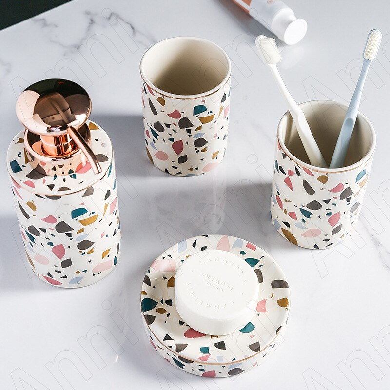 Terrazzo Pattern Bathroom Accessory Set | Matching Dispenser Tumbler Countertop Use-Bathroom Accessory Set-Homefinn