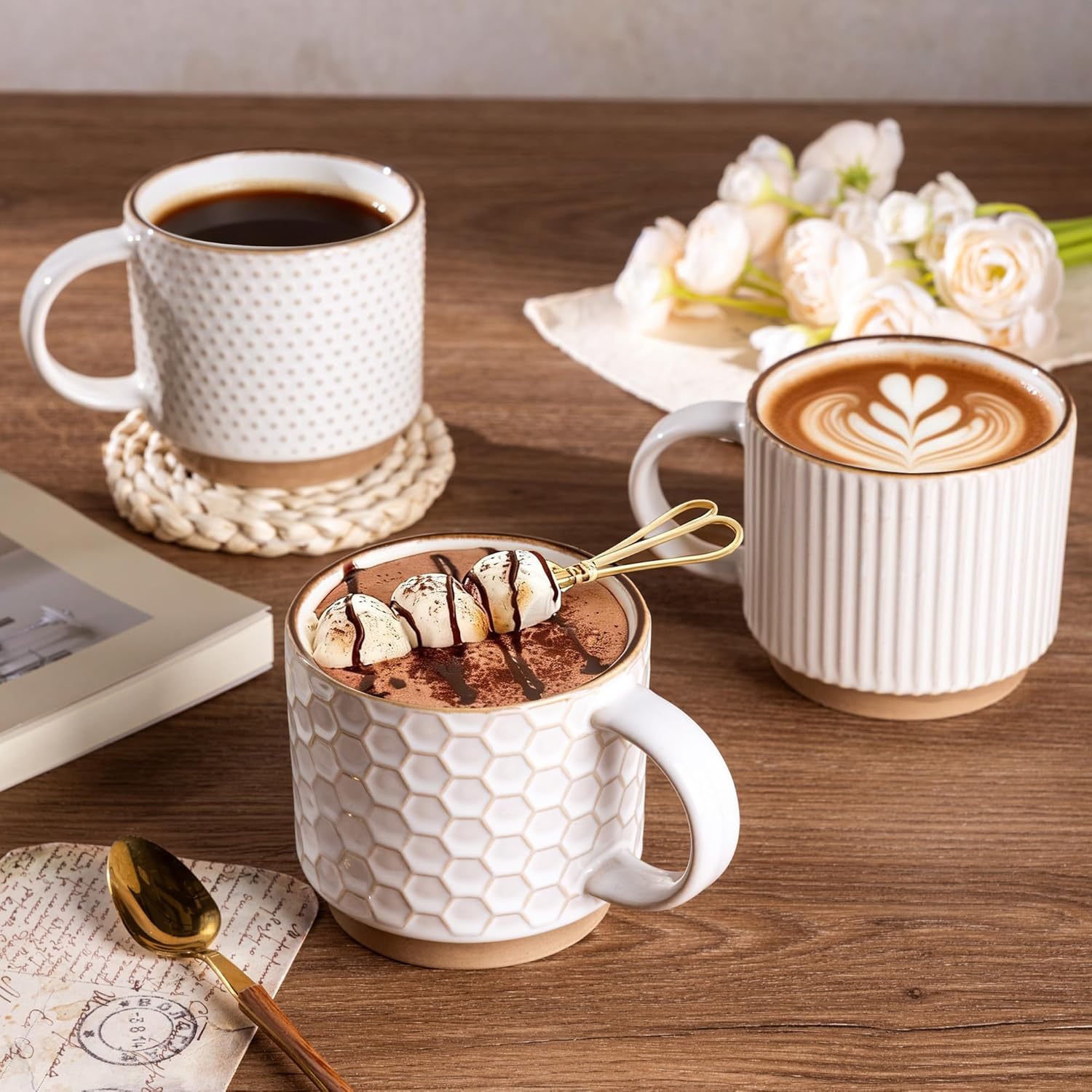 Textured Coffee Mug Set | Embossed Patterns Integrated Handles Beverage Service-Mug-Homefinn