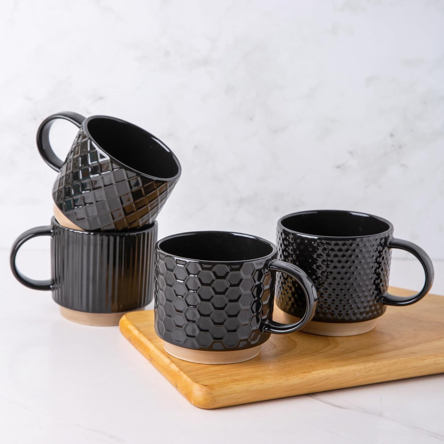 Textured Coffee Mug Set | Embossed Patterns Integrated Handles Beverage Service-Mug-Homefinn