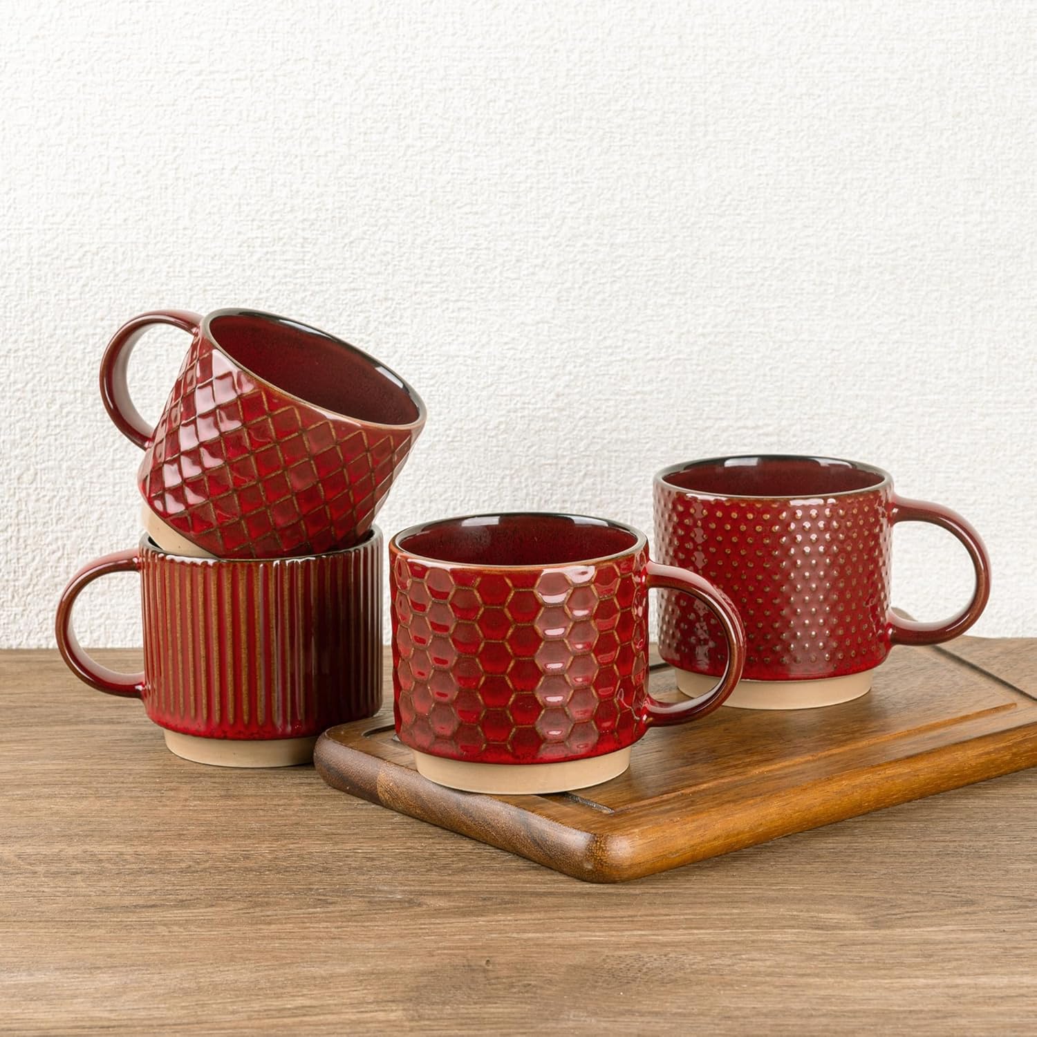 Textured Coffee Mug Set | Embossed Patterns Integrated Handles Beverage Service-Mug-Homefinn