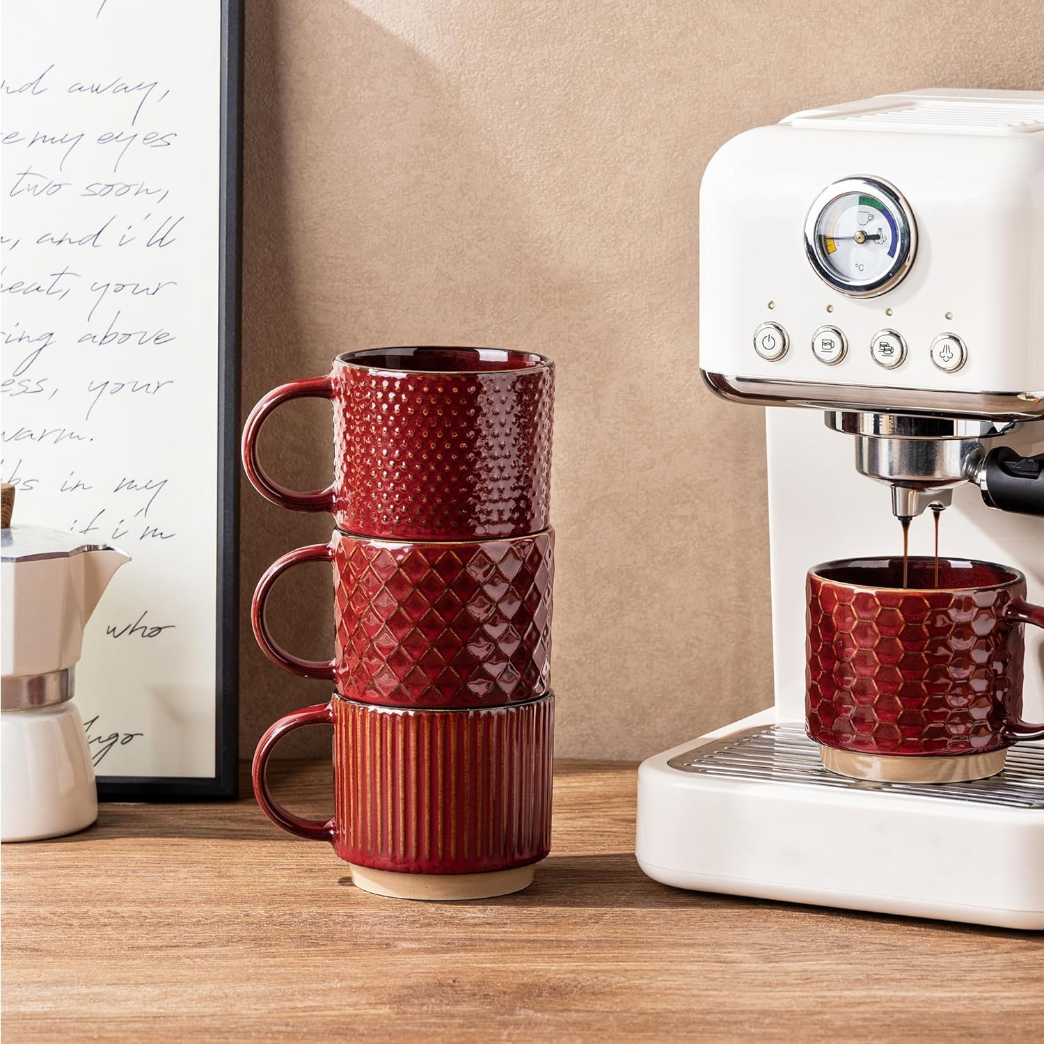 Textured Coffee Mug Set | Embossed Patterns Integrated Handles Beverage Service-Mug-Homefinn