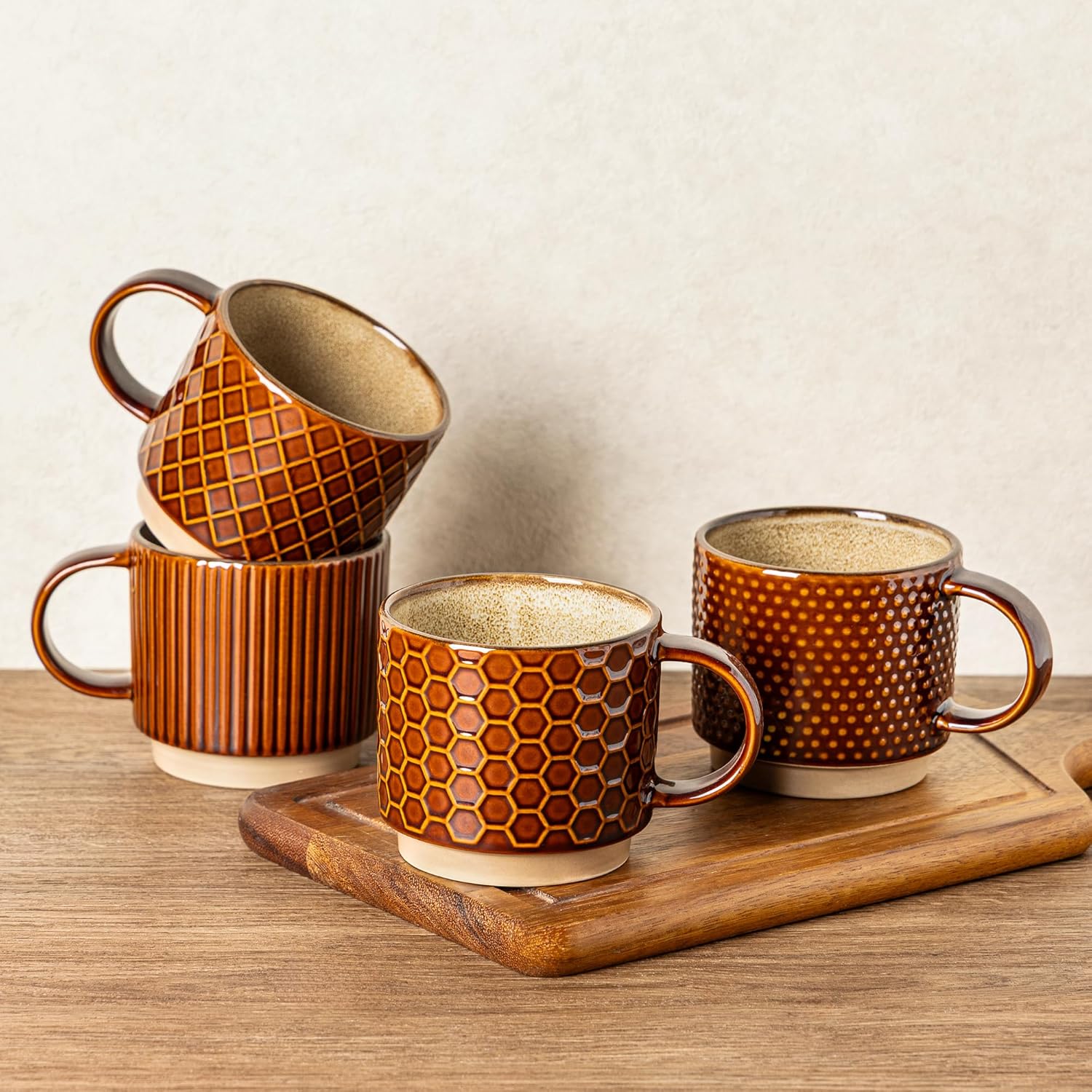 Textured Coffee Mug Set | Embossed Patterns Integrated Handles Beverage Service-Mug-Homefinn