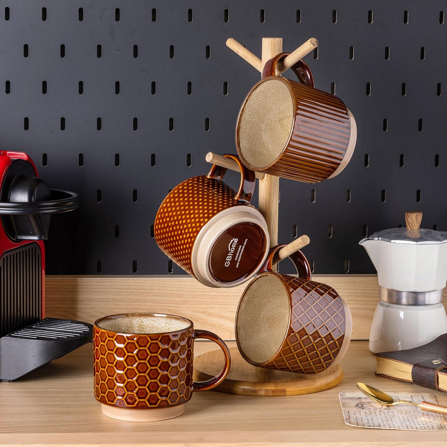 Textured Coffee Mug Set | Embossed Patterns Integrated Handles Beverage Service-Mug-Homefinn