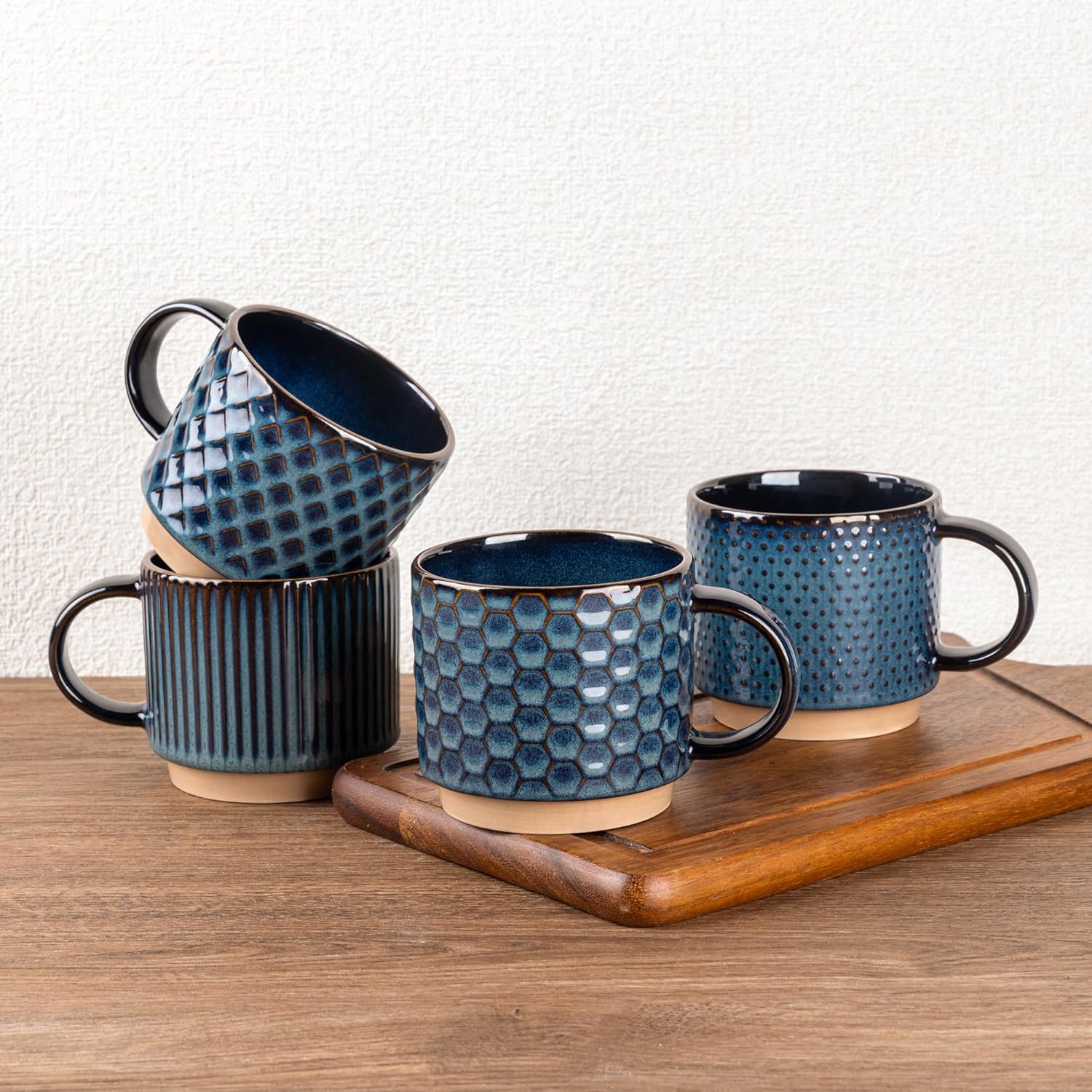 Textured Coffee Mug Set | Embossed Patterns Integrated Handles Beverage Service-Mug-Homefinn