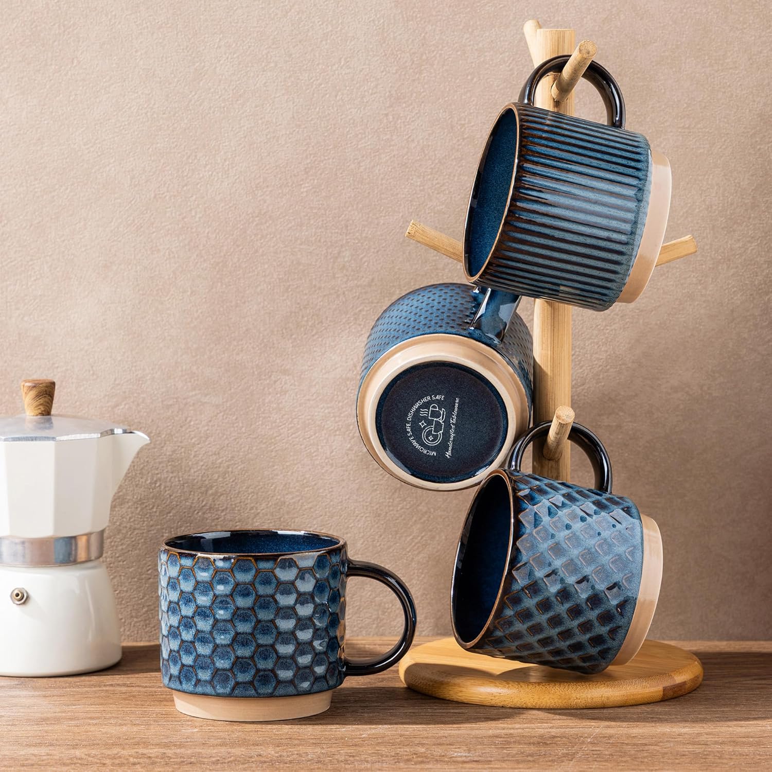 Textured Coffee Mug Set | Embossed Patterns Integrated Handles Beverage Service-Mug-Homefinn