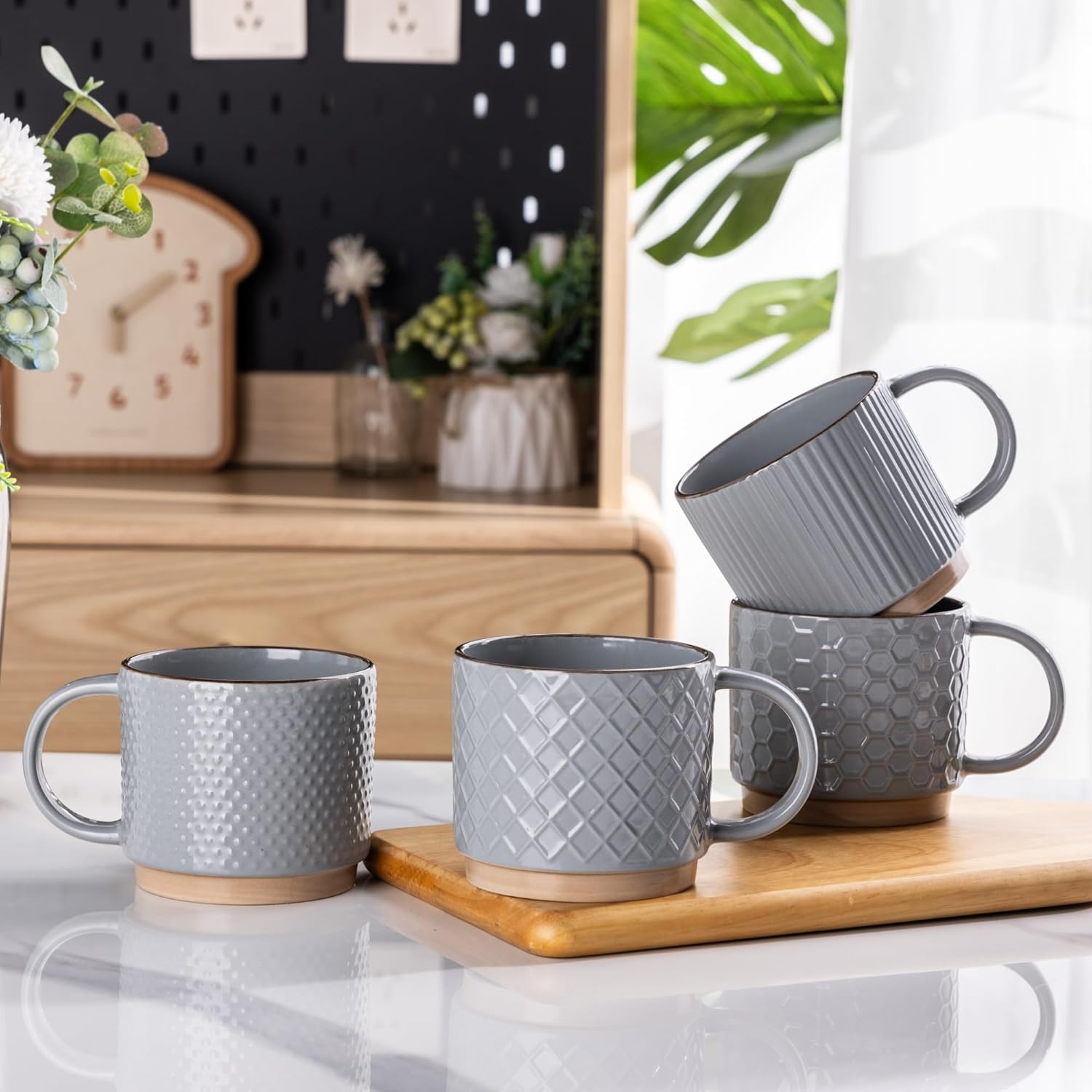 Textured Coffee Mug Set | Embossed Patterns Integrated Handles Beverage Service-Mug-Homefinn