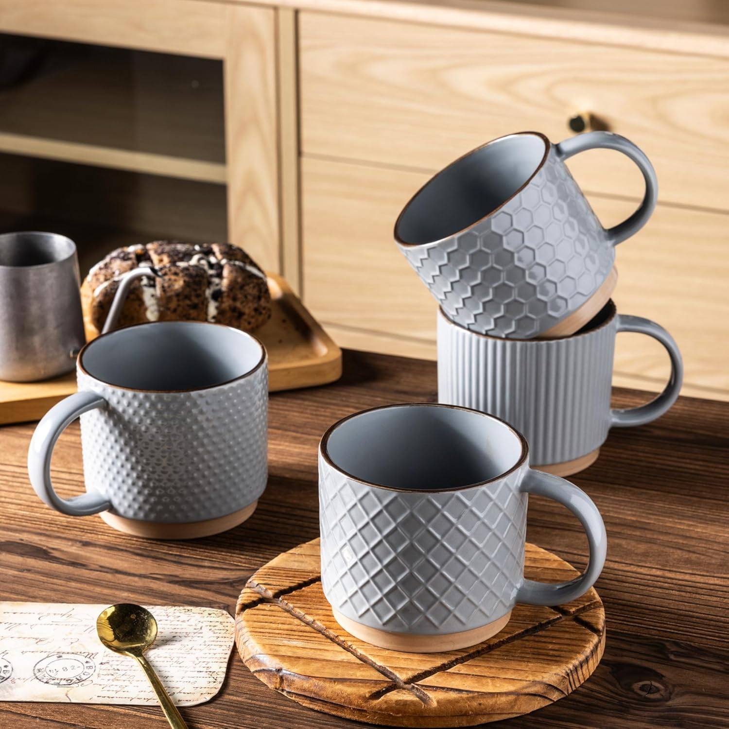 Textured Coffee Mug Set | Embossed Patterns Integrated Handles Beverage Service-Mug-Homefinn