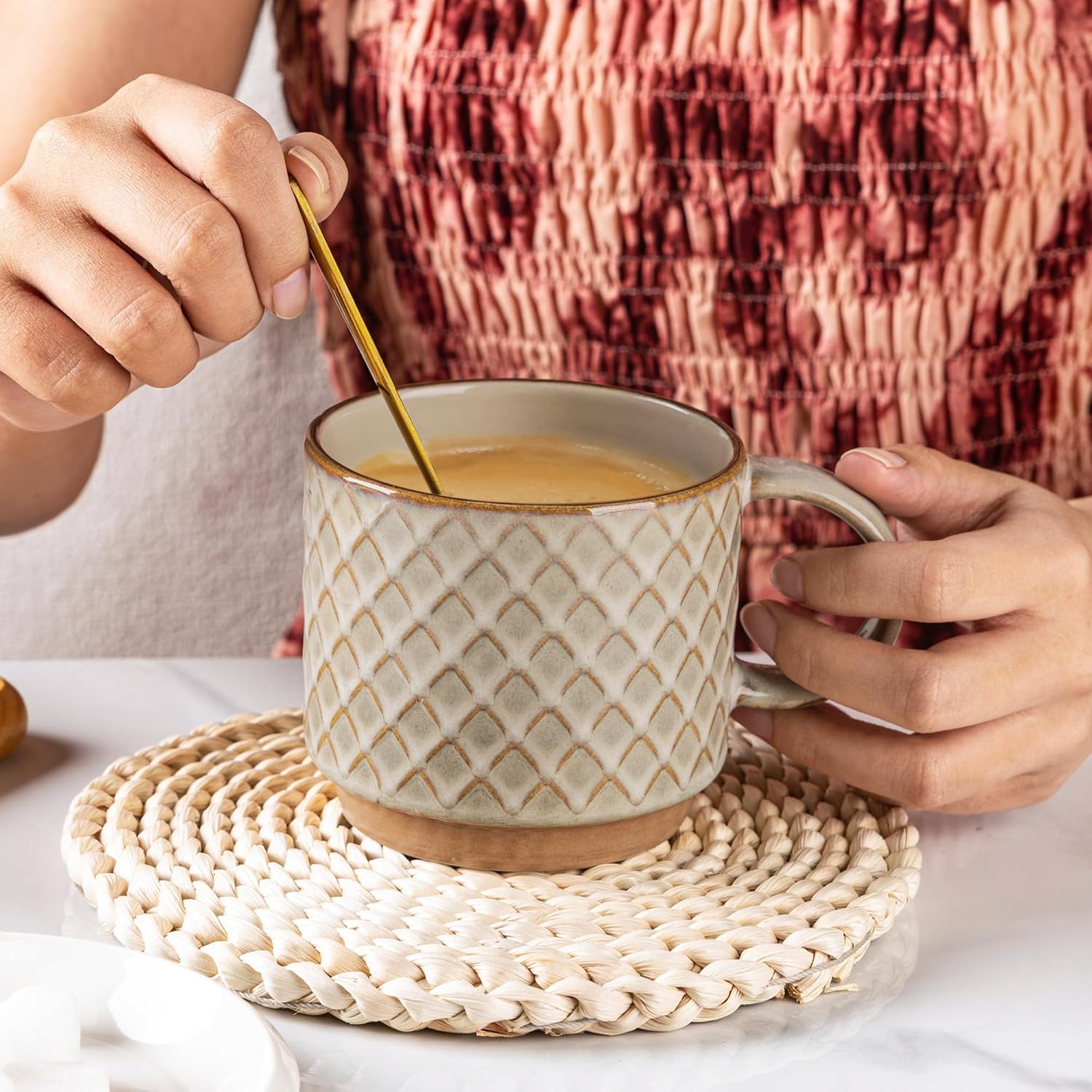 Textured Coffee Mug Set | Embossed Patterns Integrated Handles Beverage Service-Mug-Homefinn