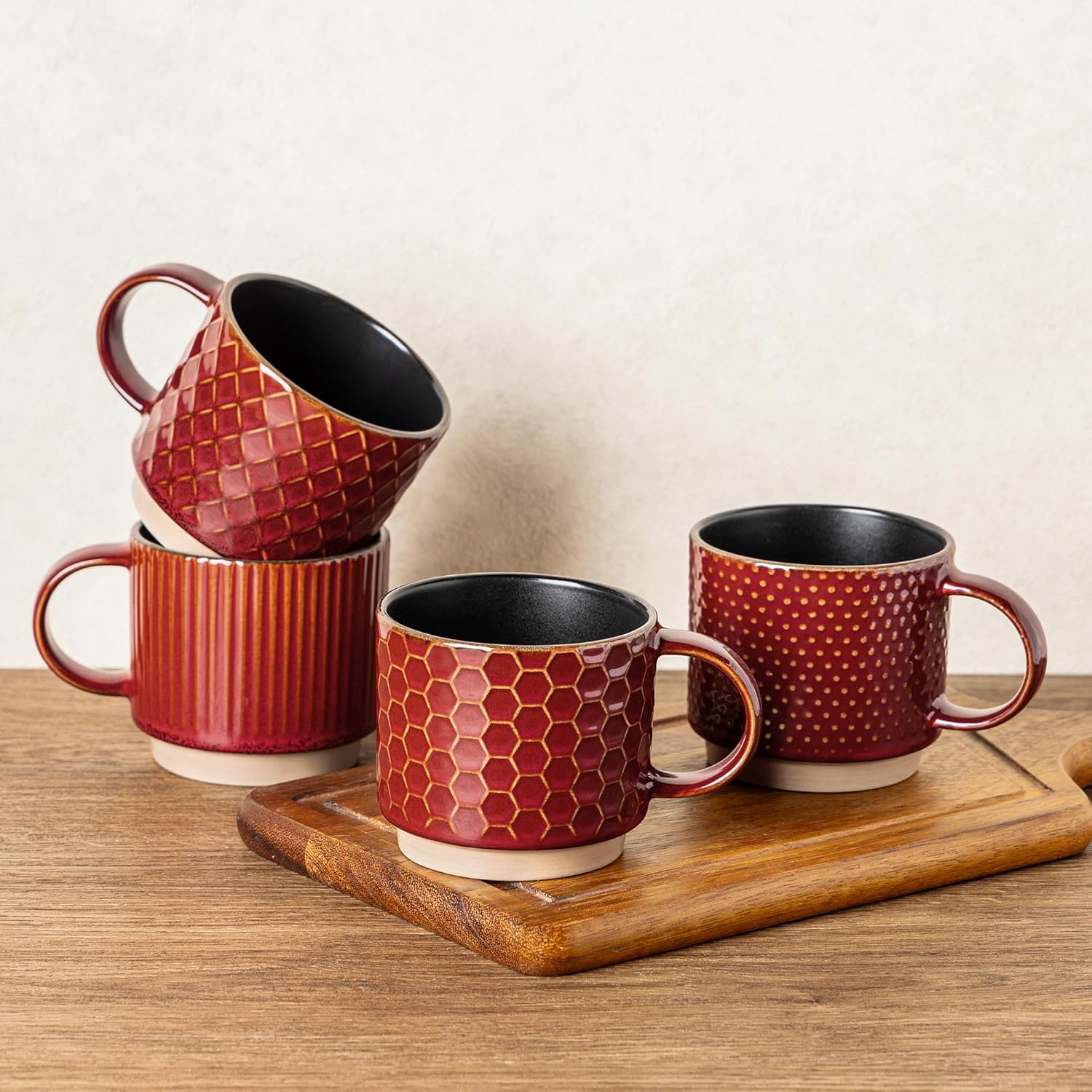 Textured Coffee Mug Set | Embossed Patterns Integrated Handles Beverage Service-Mug-Homefinn