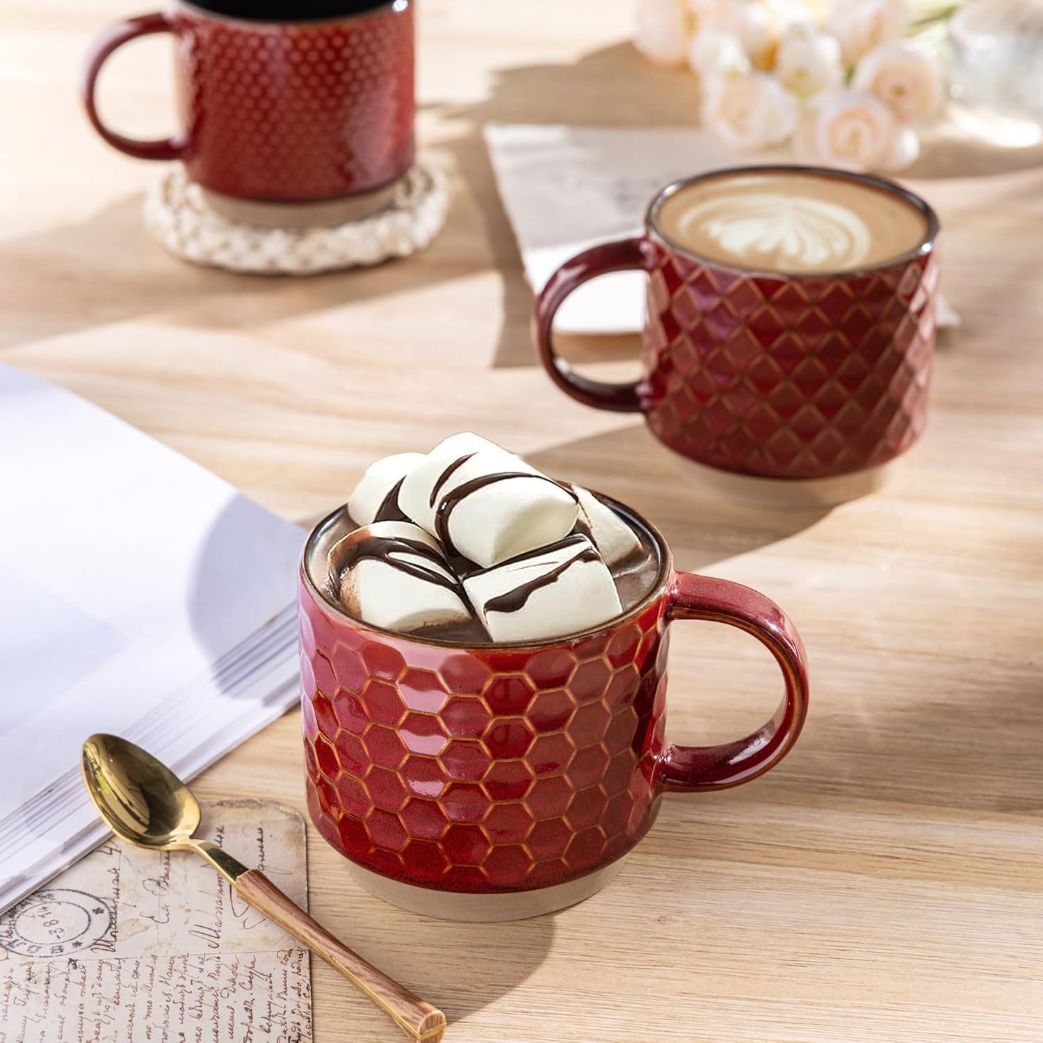 Textured Coffee Mug Set | Embossed Patterns Integrated Handles Beverage Service-Mug-Homefinn
