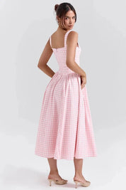 Women Gingham Midi Dress | Square Neck Sleeveless Occasion Wear-Women Dress-Homefinn