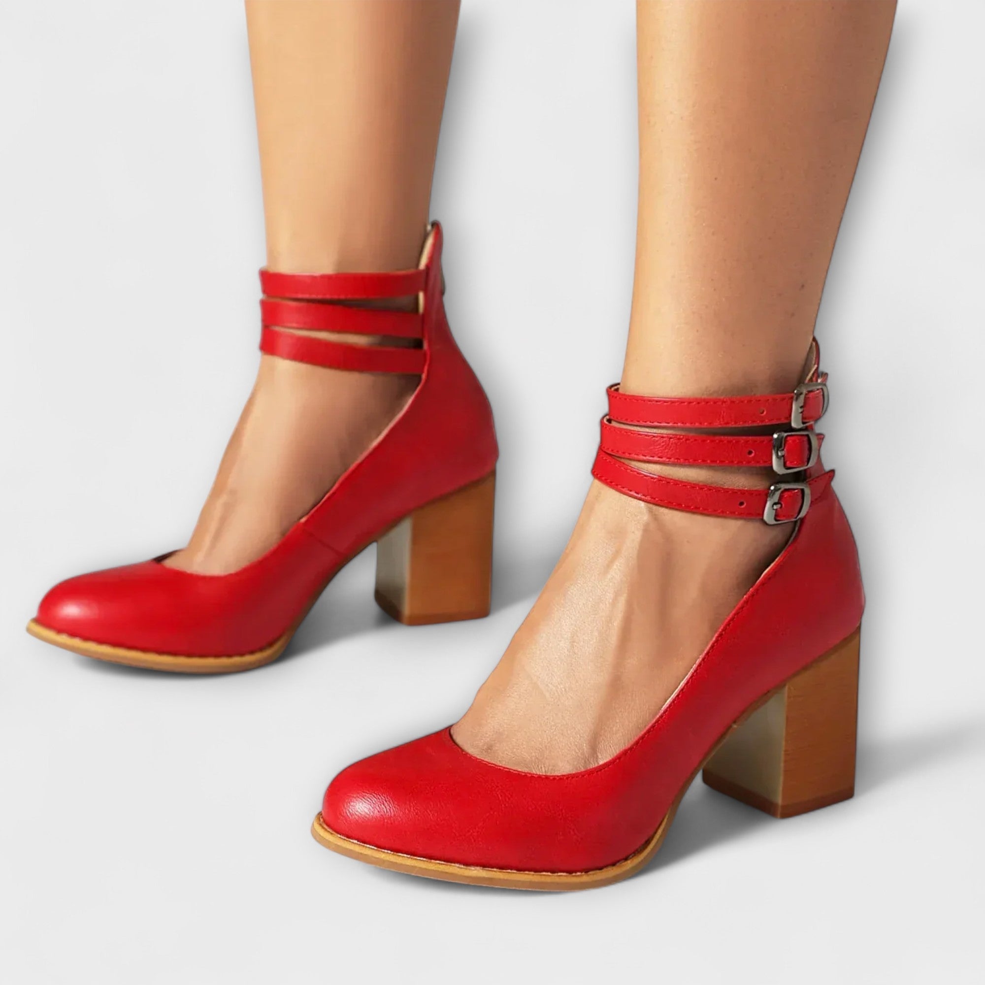 Women Block Heel Pumps | Triple Buckle Strap Shoes-Women Shoes-Homefinn