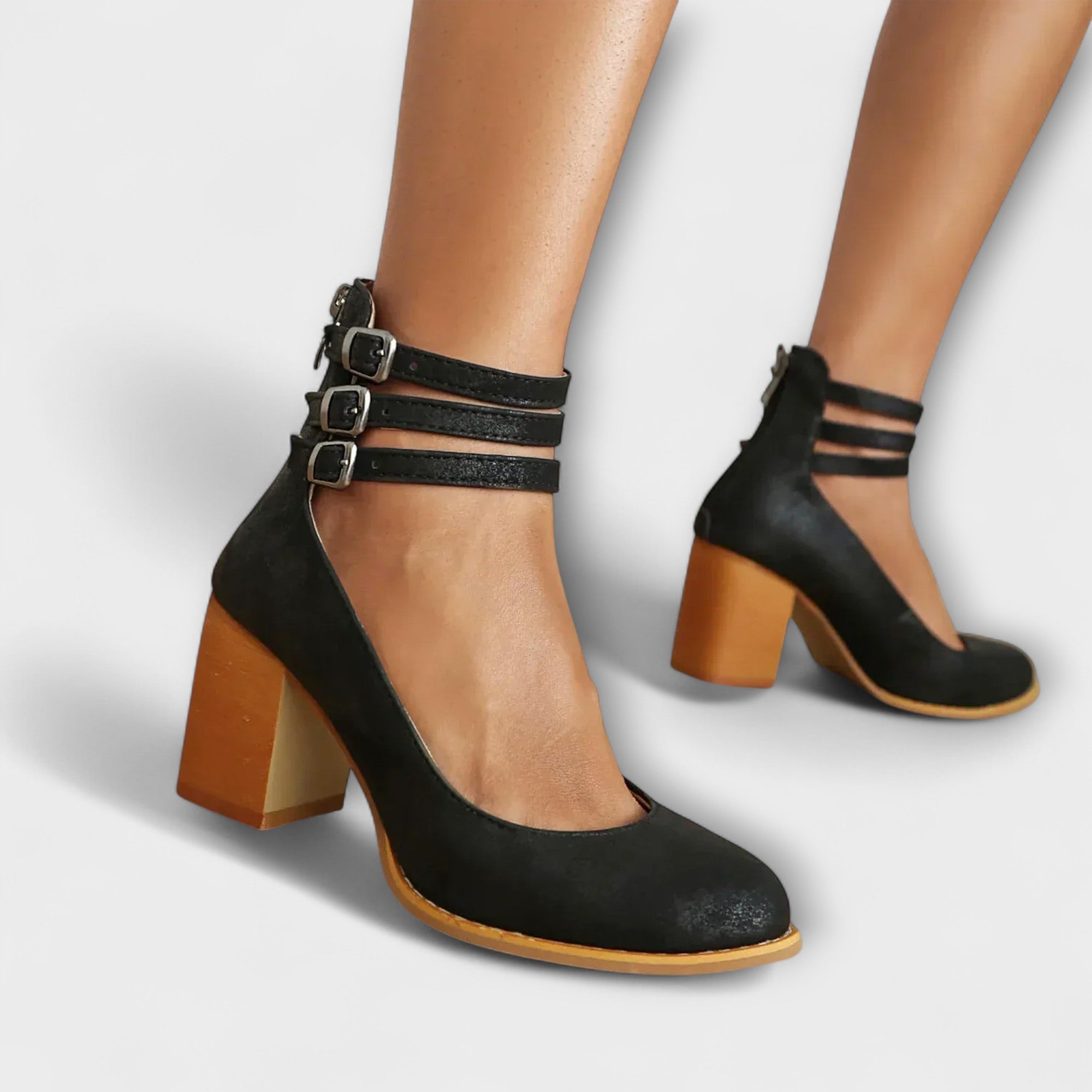 Women Block Heel Pumps | Triple Buckle Strap Shoes-Women Shoes-Homefinn