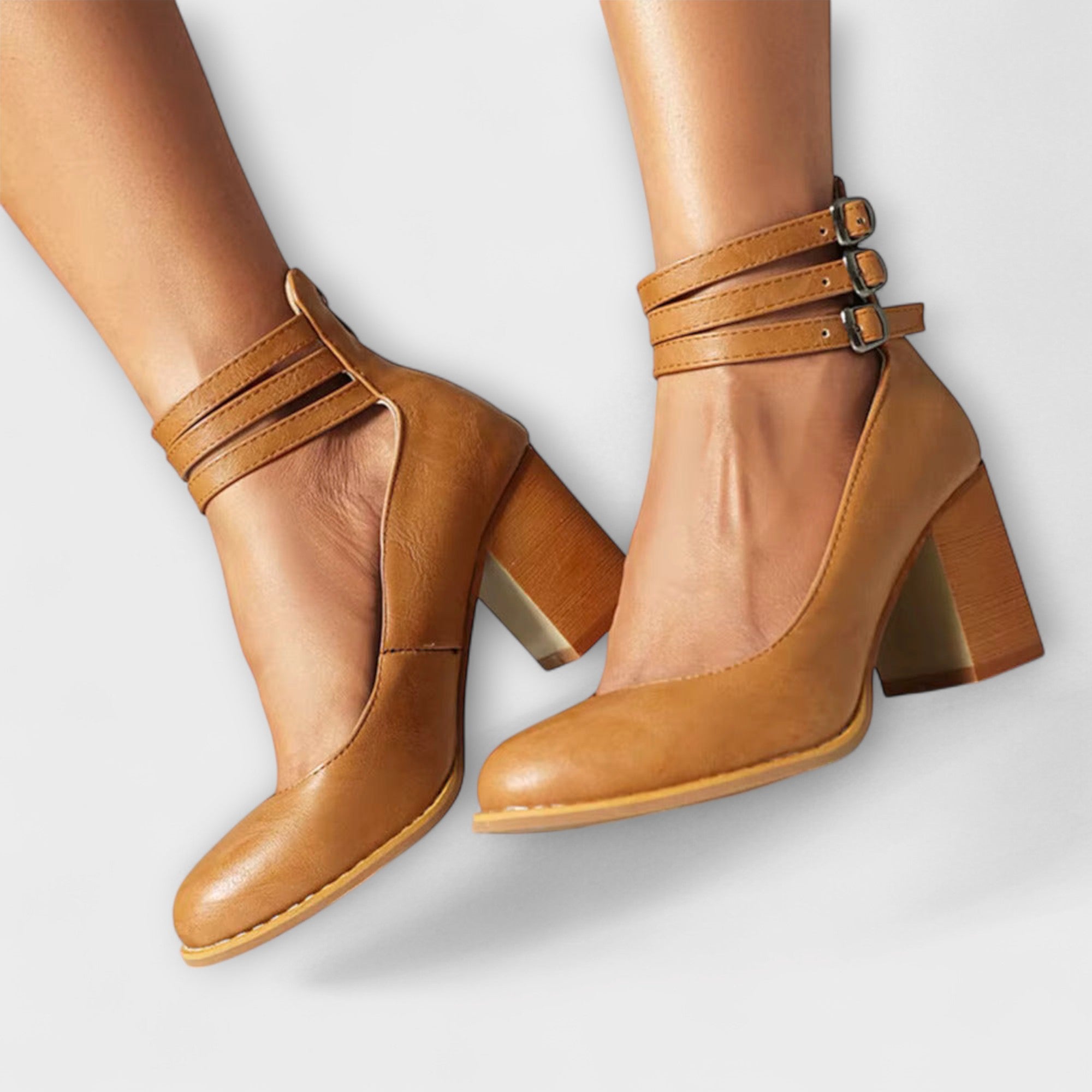 Women Block Heel Pumps | Triple Buckle Strap Shoes-Women Shoes-Homefinn