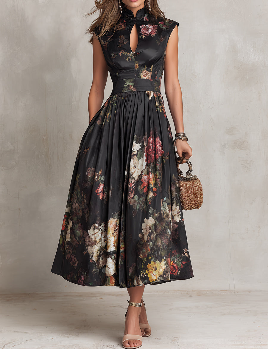 Women Floral Midi Dress | Mandarin Neck Pleated Occasion Wear-Women Dress-Homefinn