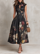 Women Floral Midi Dress | Mandarin Neck Pleated Occasion Wear