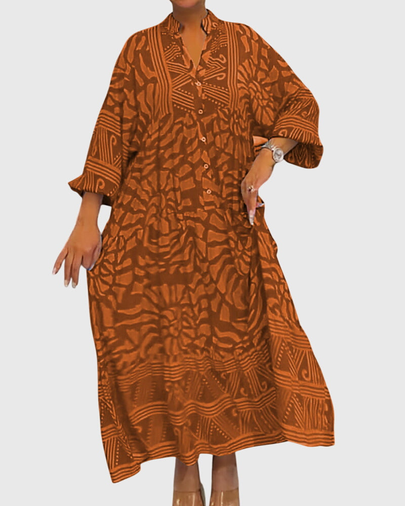 Women Floral Print Maxi Dress | V Neck Long Sleeve Holiday Wear-Women Dress-Homefinn