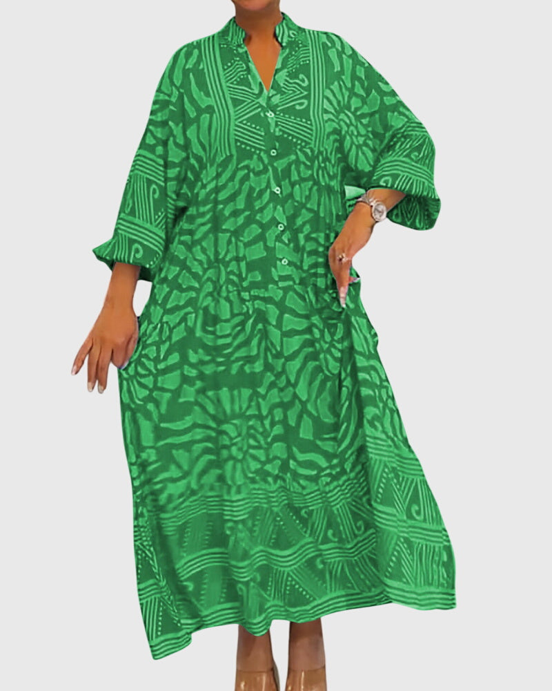 Women Floral Print Maxi Dress | V Neck Long Sleeve Holiday Wear-Women Dress-Homefinn