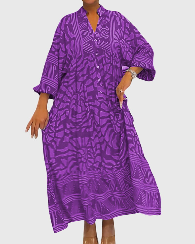 Women Floral Print Maxi Dress | V Neck Long Sleeve Holiday Wear-Women Dress-Homefinn