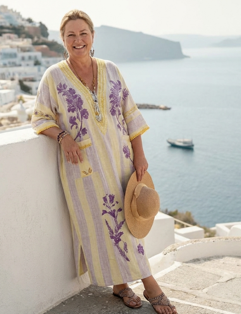 Women Floral Stripe Kaftan Dress | V Neck Pocket Holiday Wear-Women Dress-Homefinn