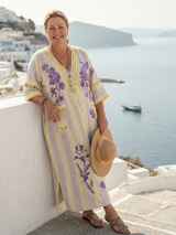 Women Floral Stripe Kaftan Dress | V Neck Pocket Holiday Wear