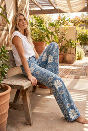 Women's Floral Wide Leg Jeans | High Waist Casual Wear