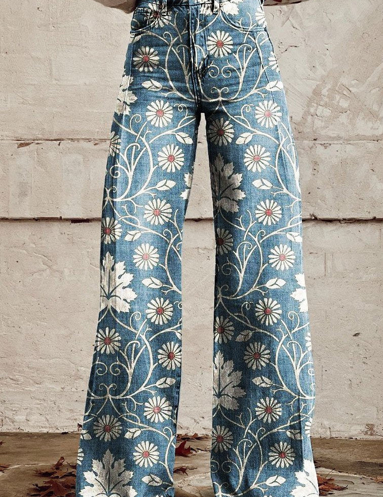 Women Floral Wide Leg Jeans | High Waist Casual Wear-Women Pants-Homefinn