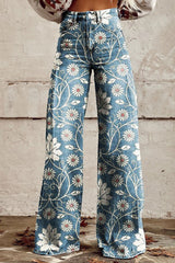 Women's Floral Wide Leg Jeans | High Waist Casual Wear